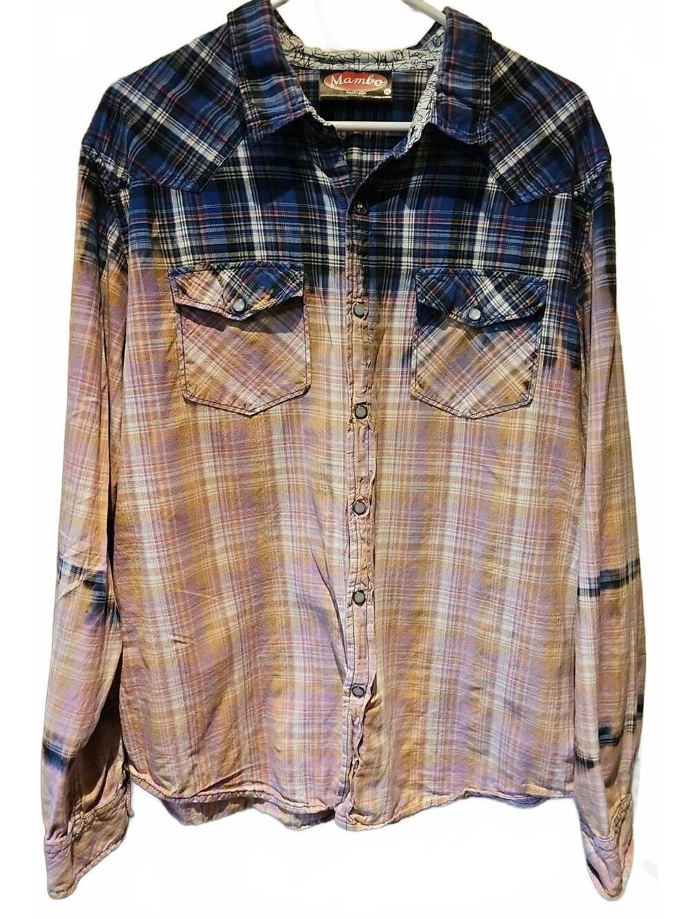 Mambo Australia Western Pearl Snap Custom Bleached Long Sleeve Plaid Multi XL